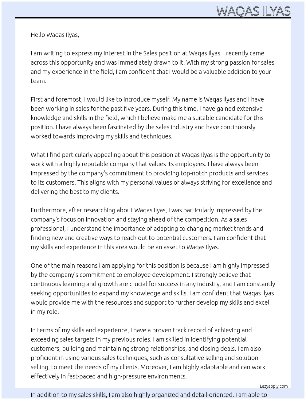 Sales At Waqas Ilyas Cover Letter