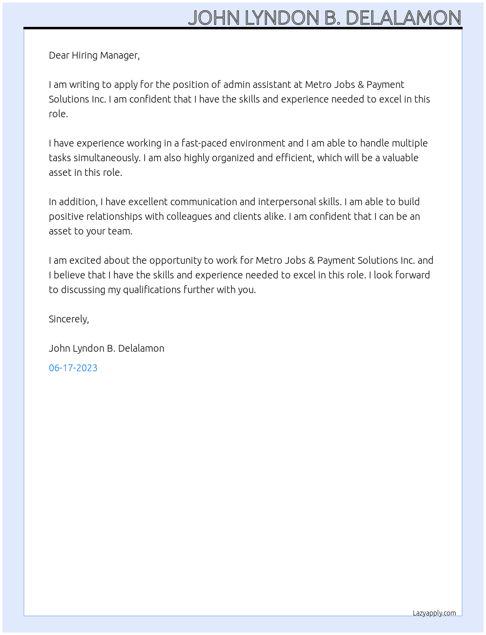 admin assistance At Metro Jobs & Payment Solutions Inc. Cover Letter