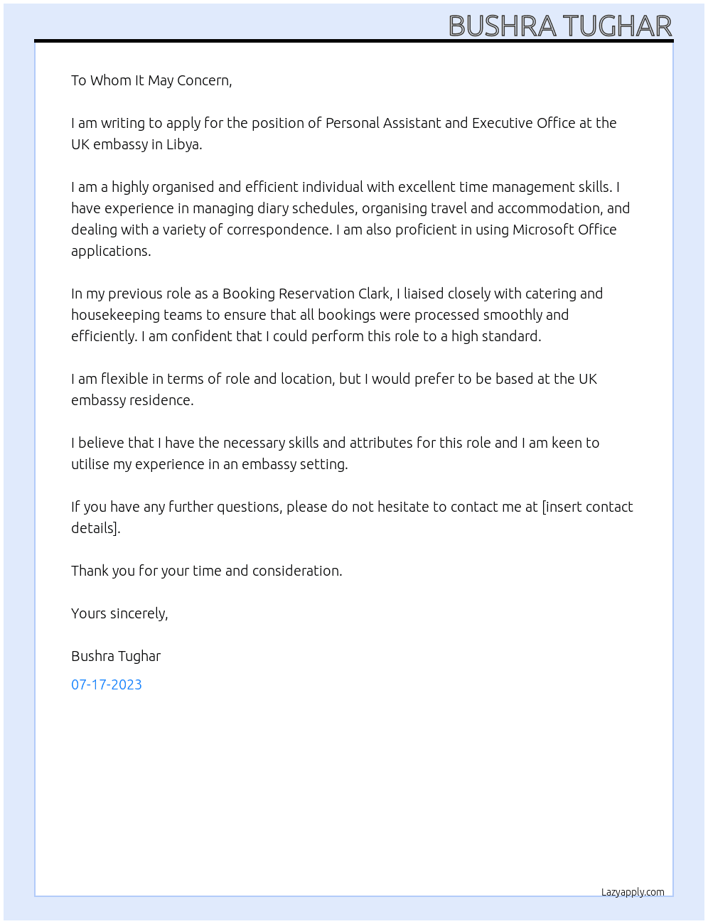 Personal assistant and executive office  At UK embassy  Cover Letter