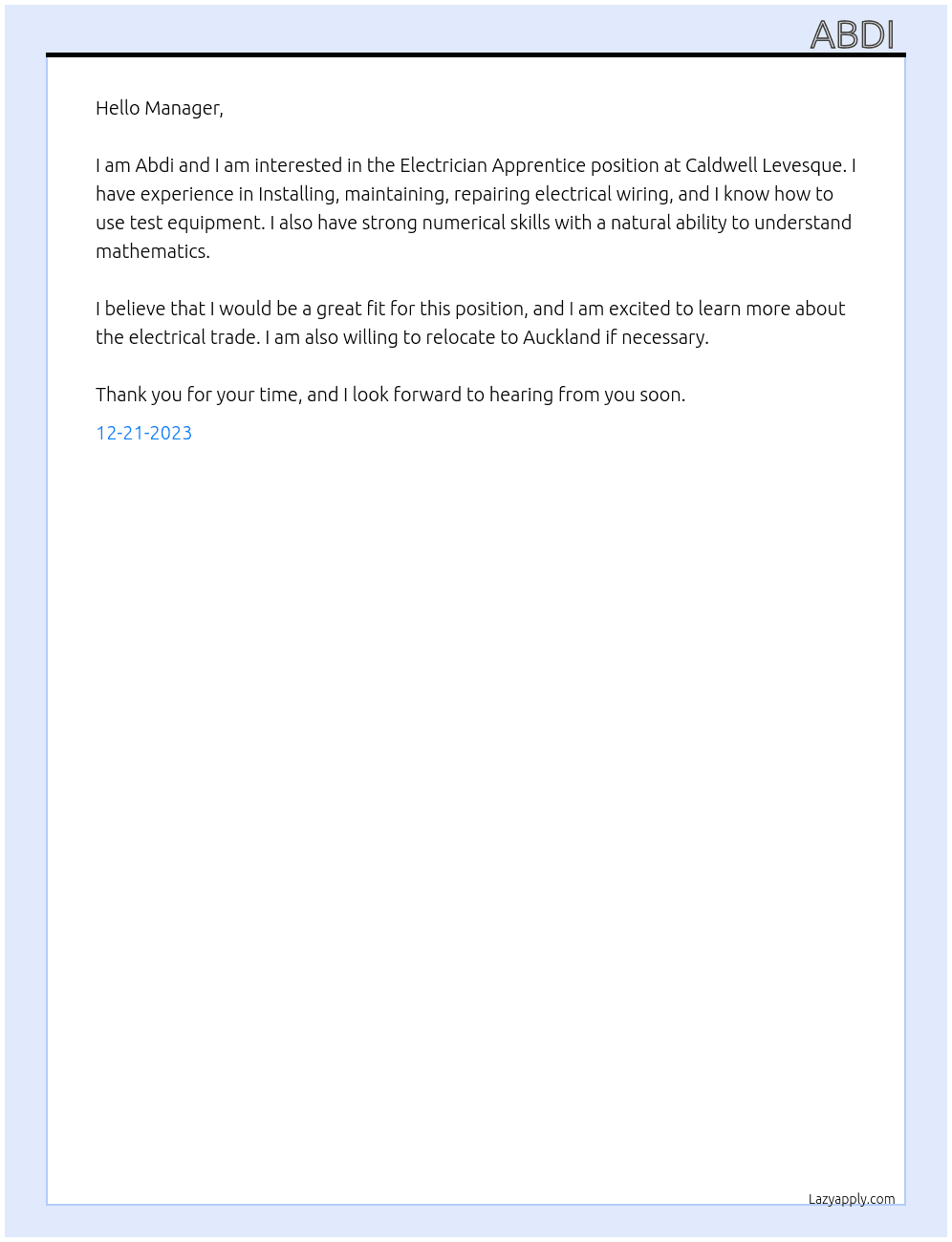 Electrician Apprentice  At Caldwell Levesque  Cover Letter