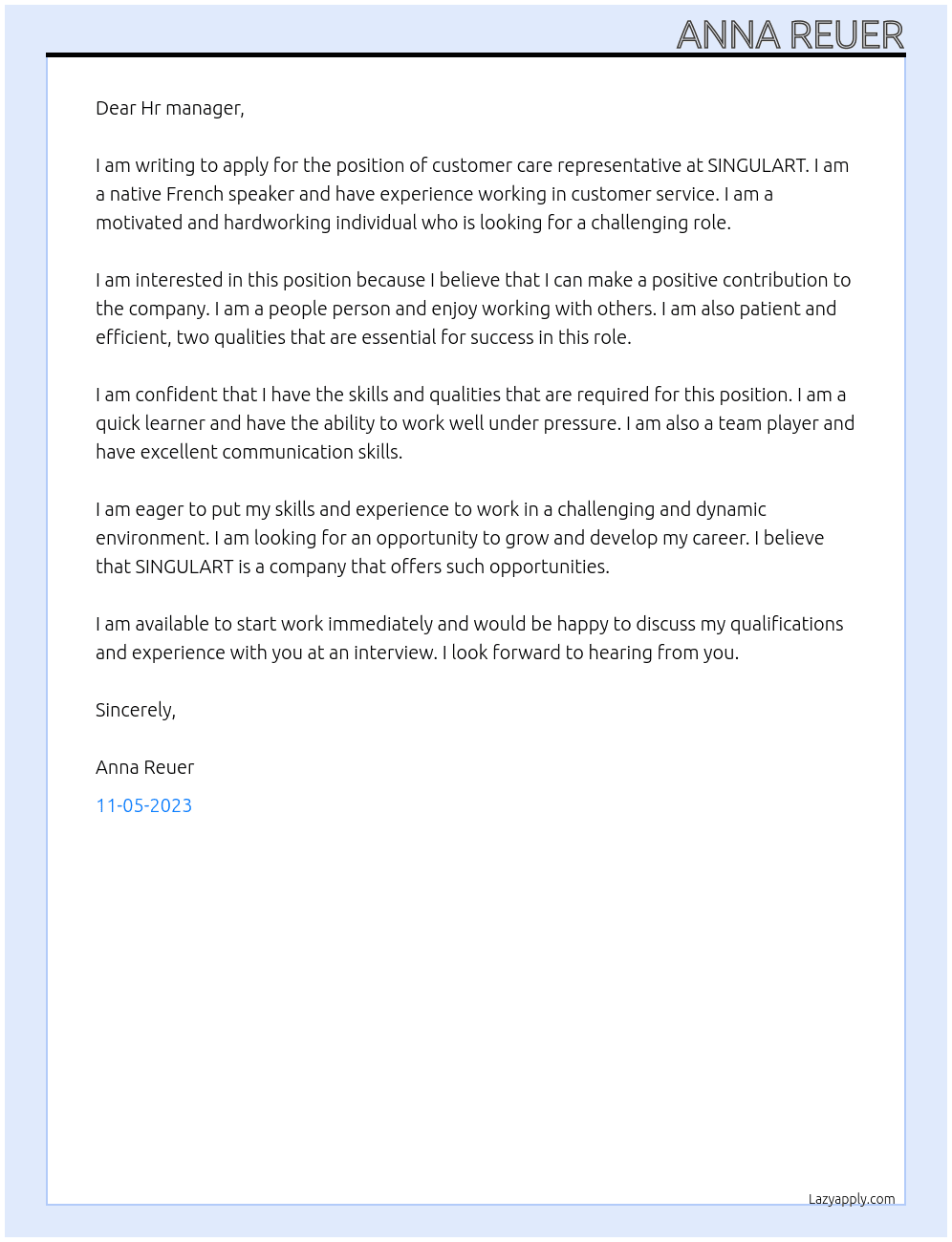 customer care representative  At SINGULART Cover Letter