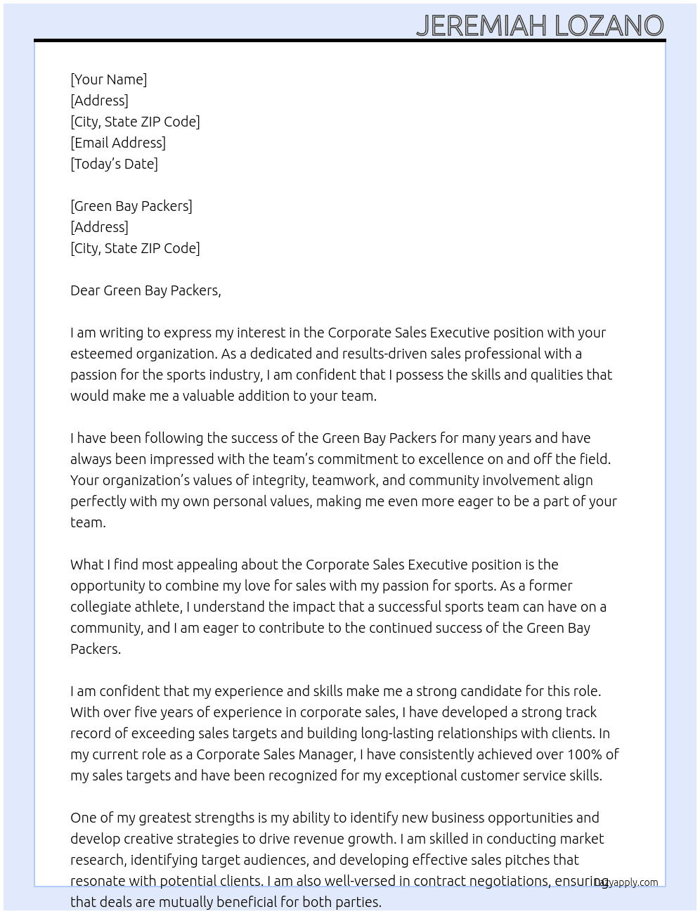 Corporate Sales Executive At Green Bay Packers Cover Letter