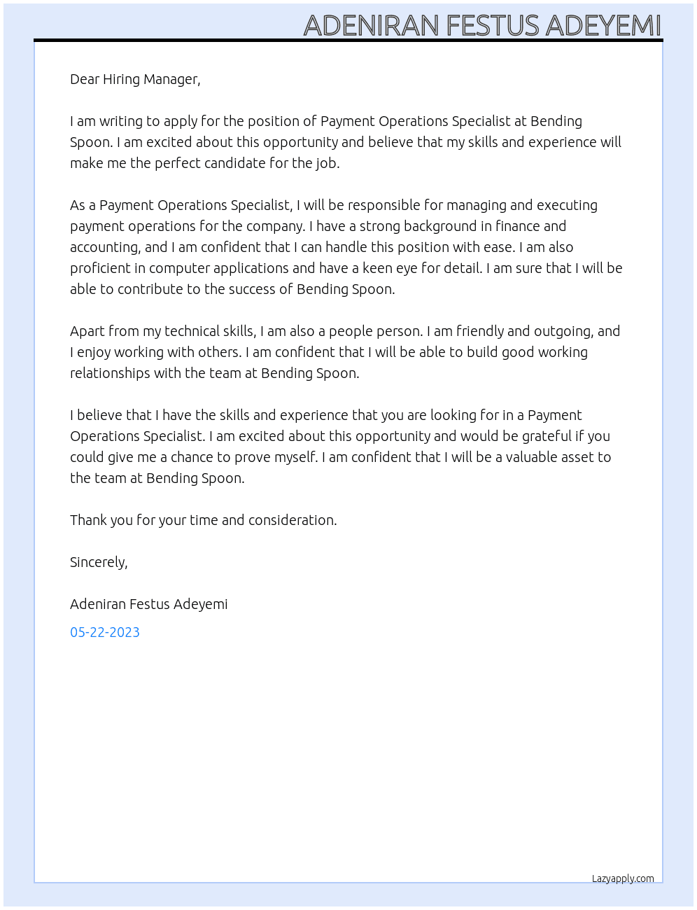 Payment operations specialist At Bending spoon Cover Letter
