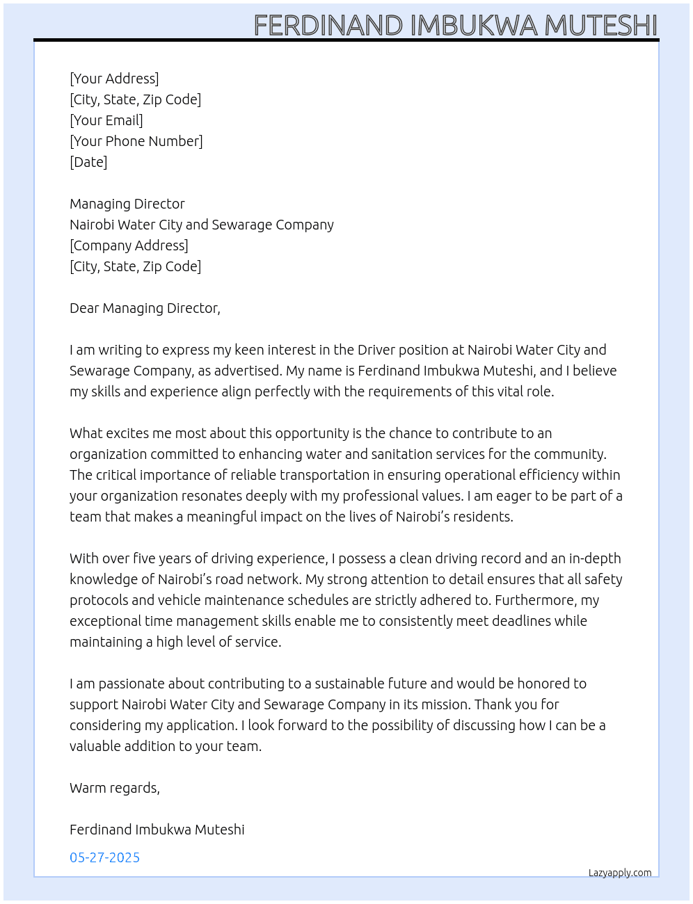 DRIVER At NAIROBI WATER CITY AND SEWARAGE COMPANY Cover Letter