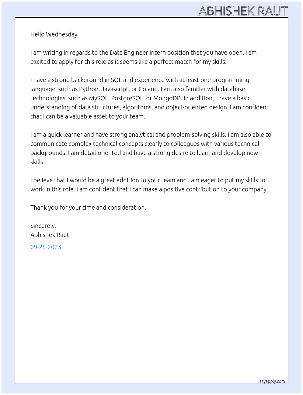 Data Engineer Intern At Wednesday Cover Letter