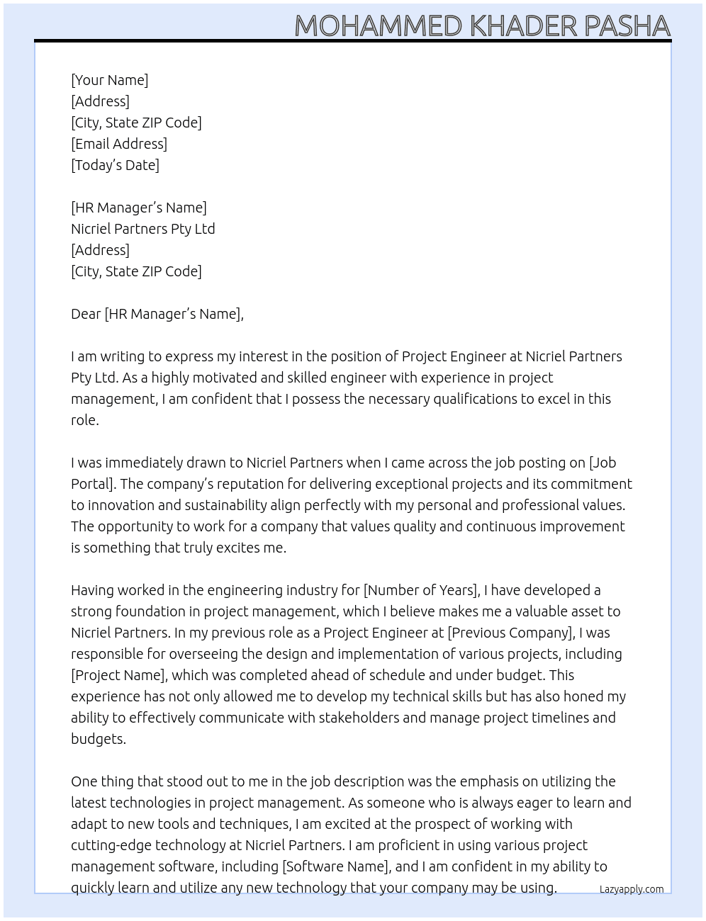 project engineer At Nicriel Partners Pty Ltd Cover Letter