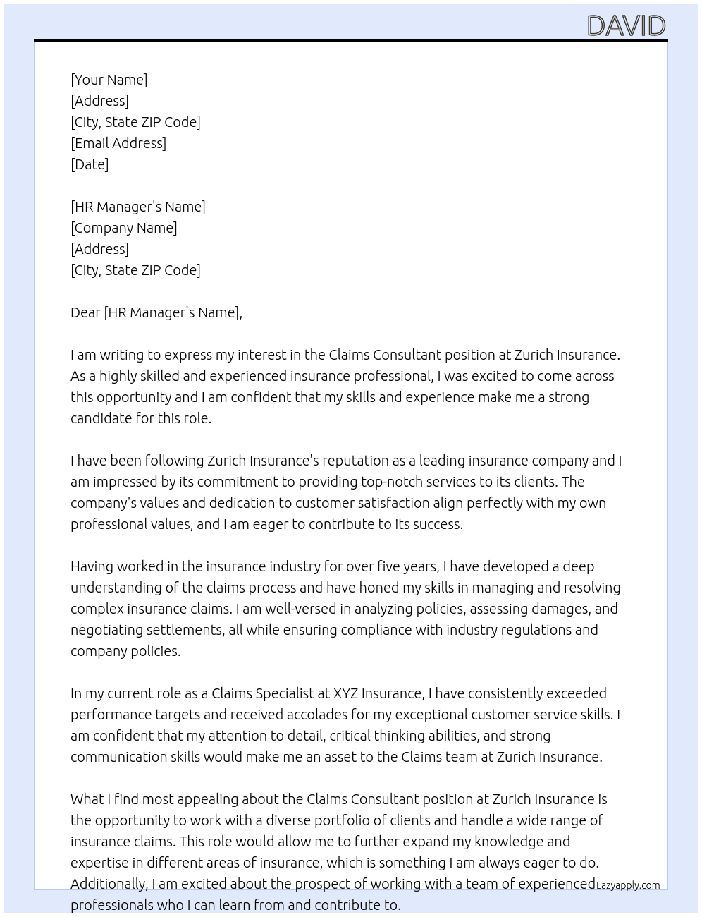 Claims Consultant At Zurich Insurance Cover Letter