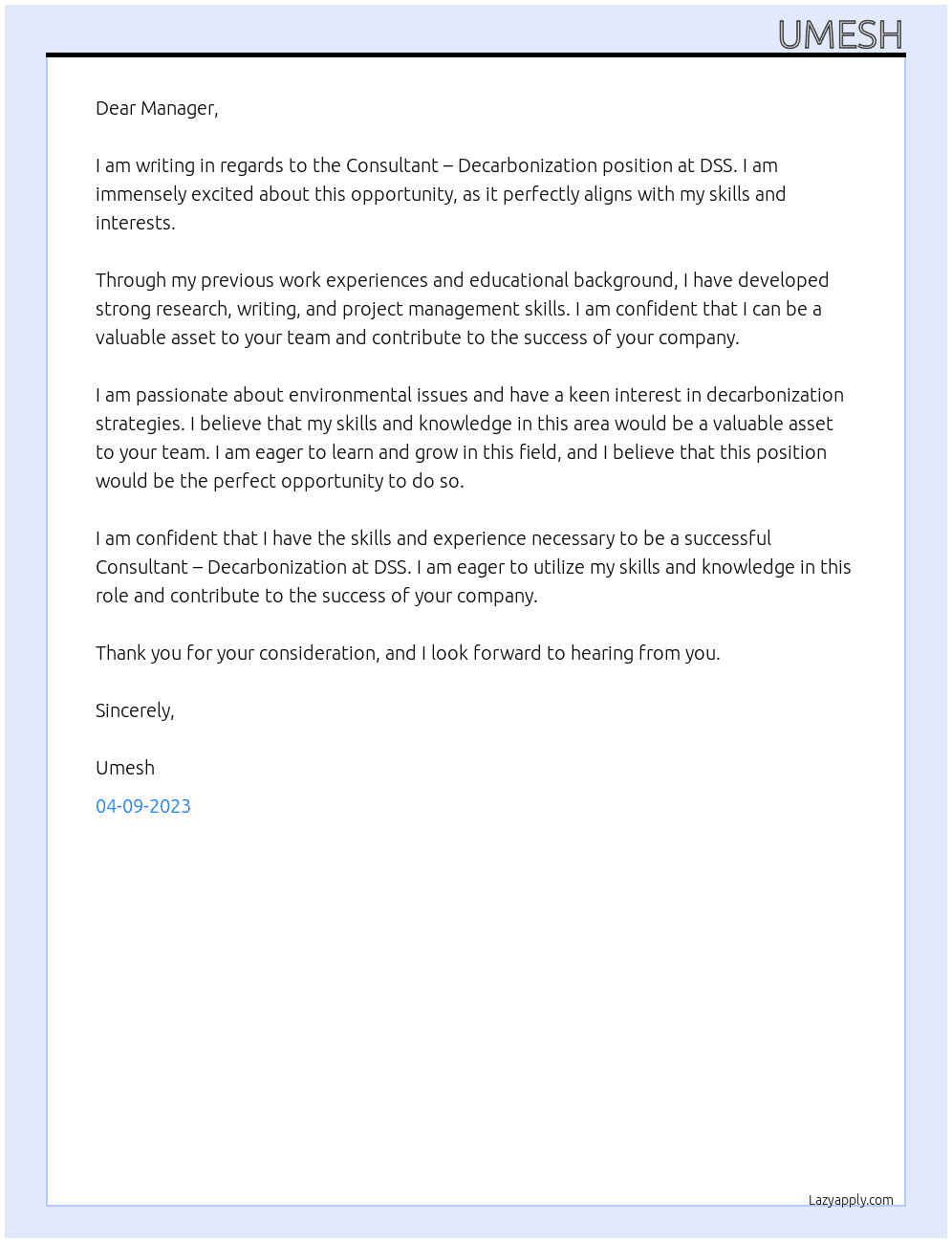 Consultant – Decarbonization At DSS Cover Letter