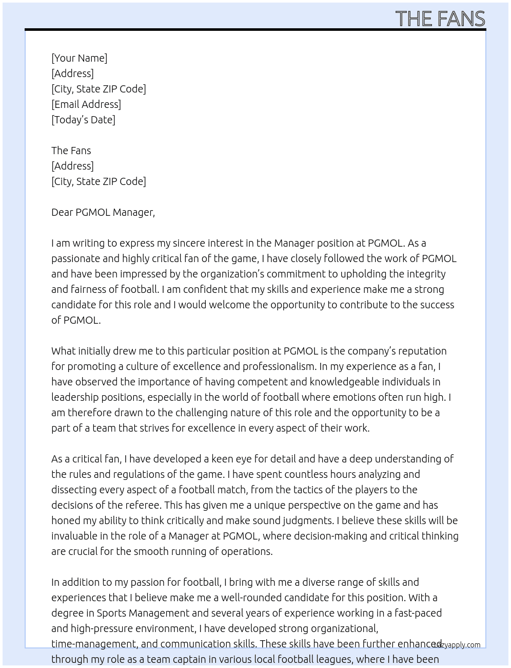 Manager At PGMOL Cover Letter