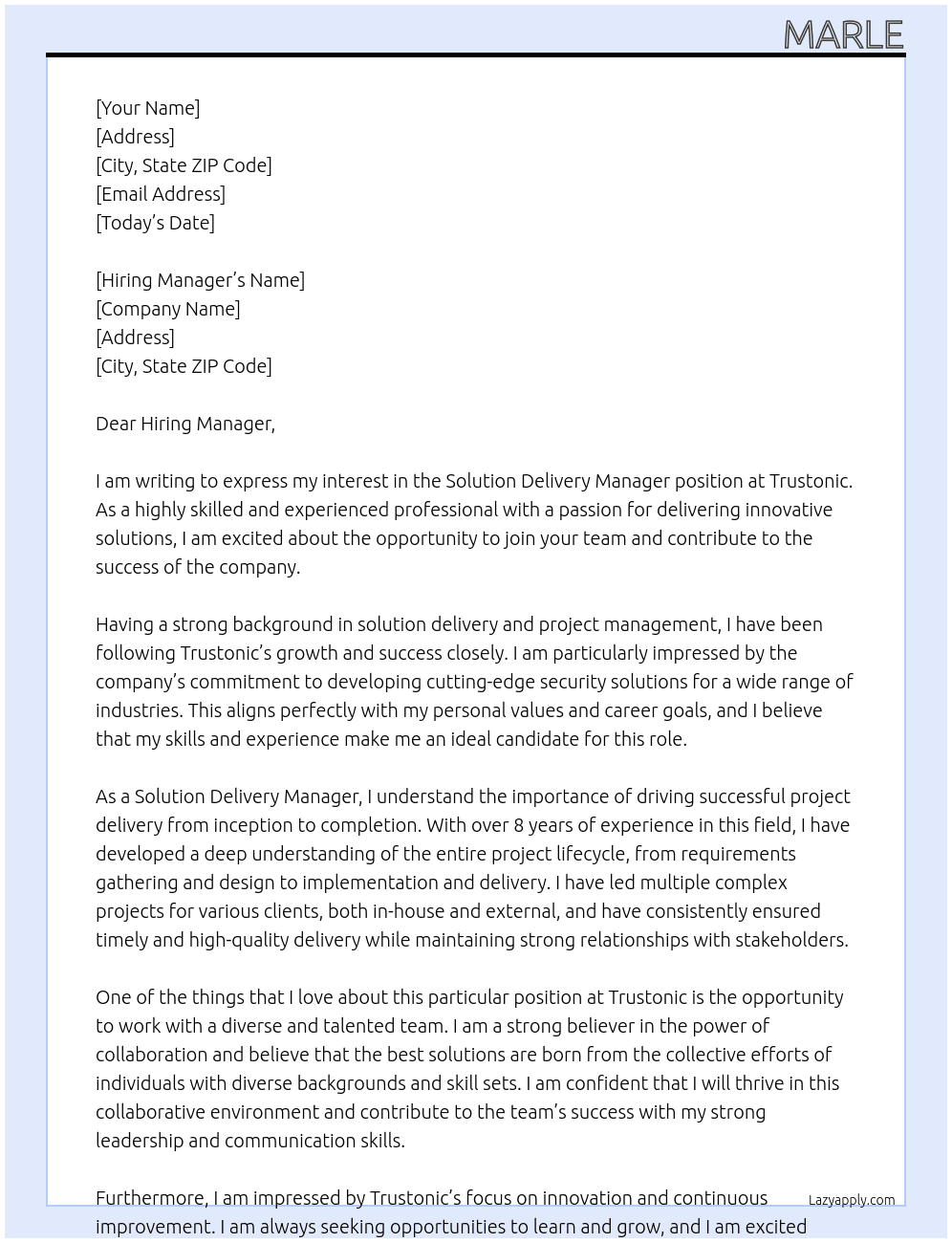 Solution Delivery Manager At trustonic Cover Letter