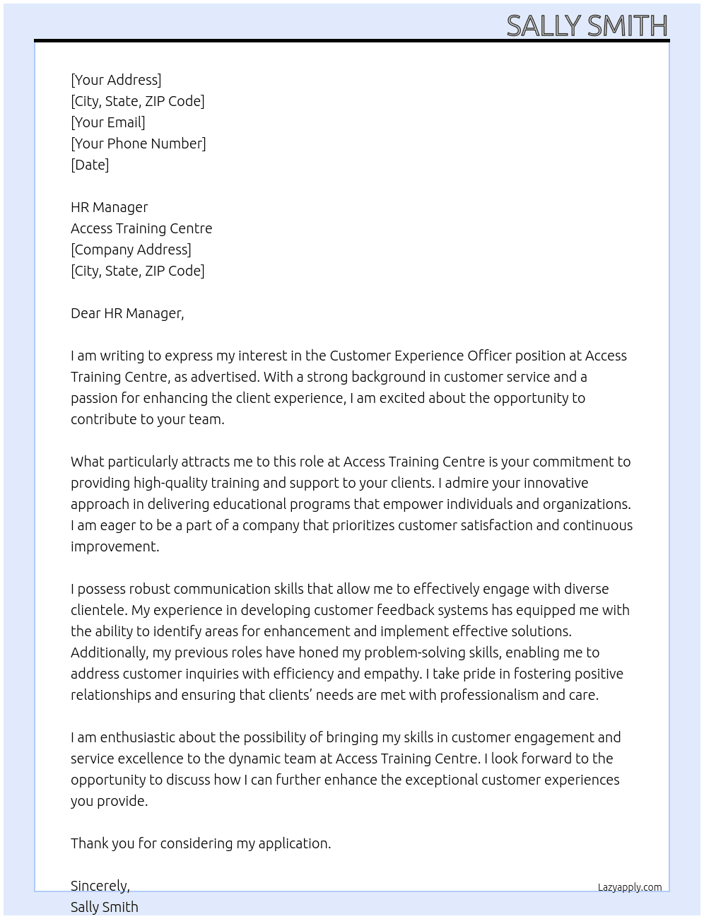 Customer Experience Officer At Access Training Centre Cover Letter