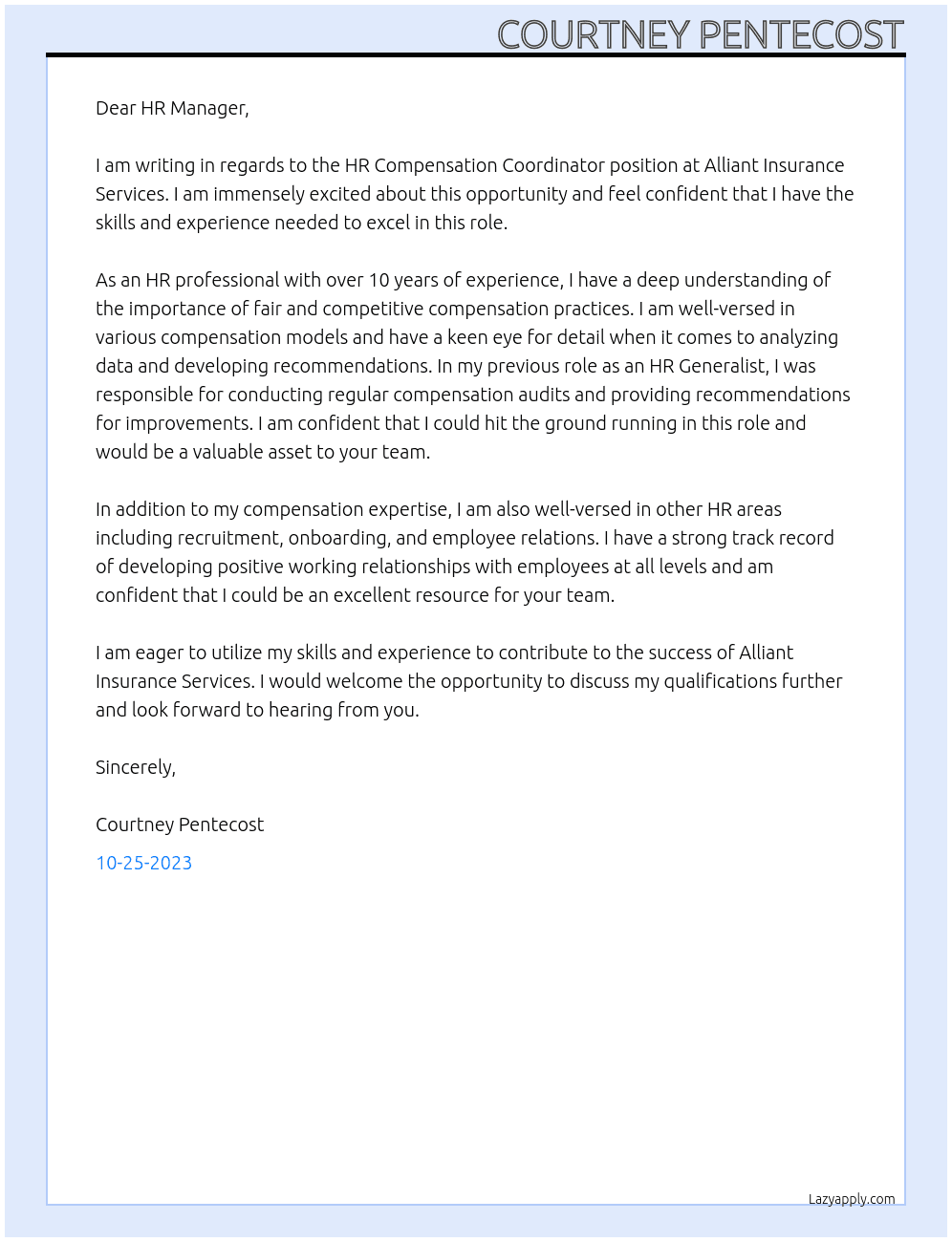 HR Compensation Coordinator At Alliant Insurance Services Cover Letter