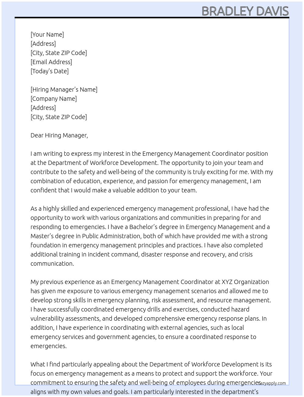 Emergency Management Coordinator At Department of Workforce Development Cover Letter