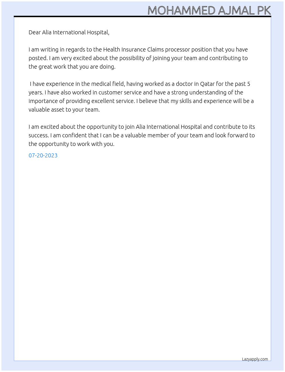 Health Insurance Claims processor At Doha Clinic Hospital Cover Letter