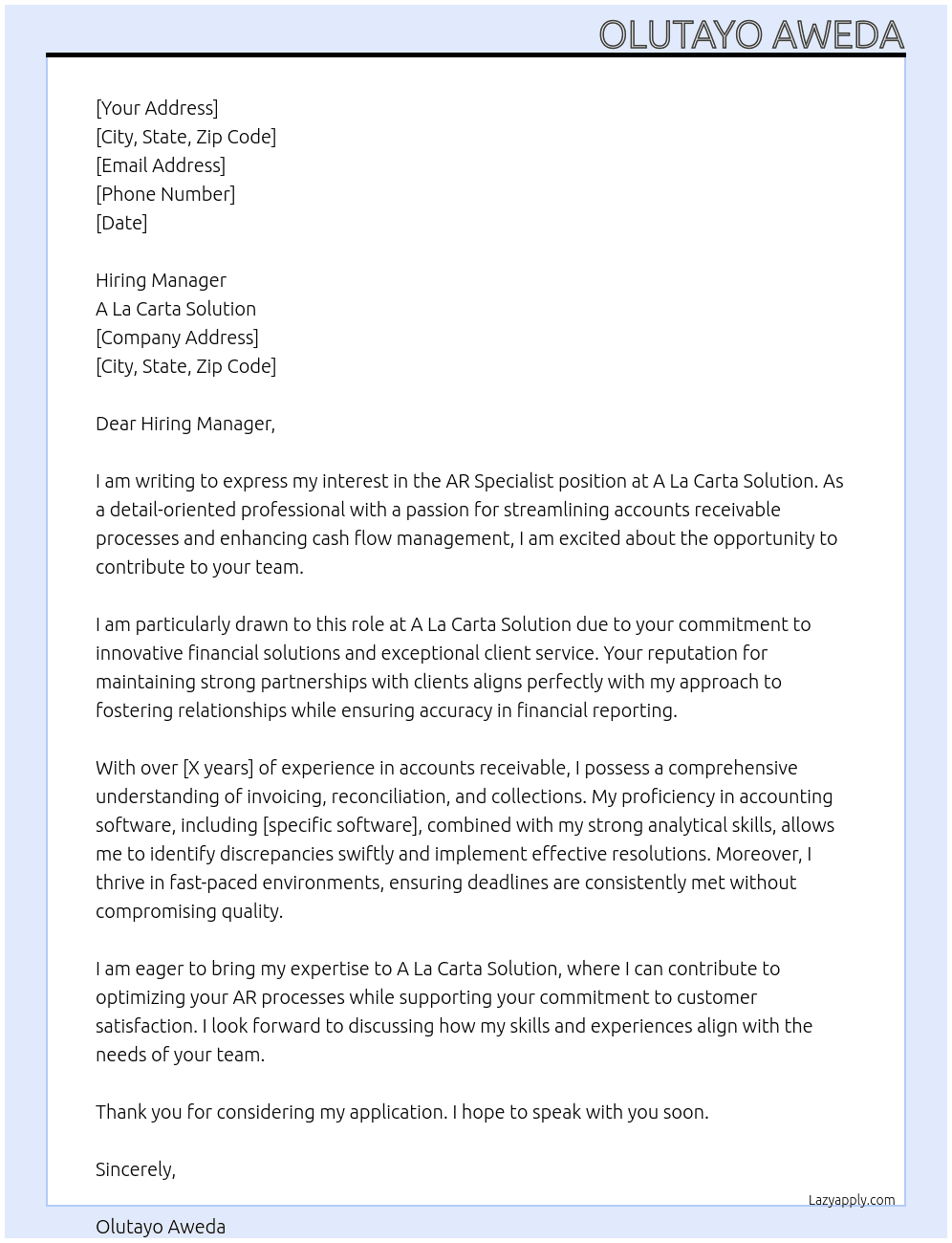 AR Specialist At A LA CARTA SOLUTION Cover Letter