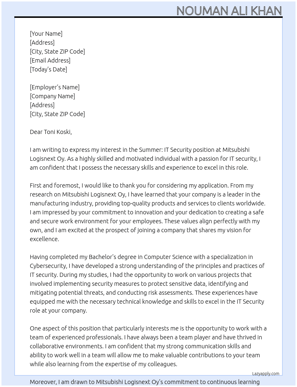 Summer: IT Security At  Mitsubishi Logisnext Oy Cover Letter