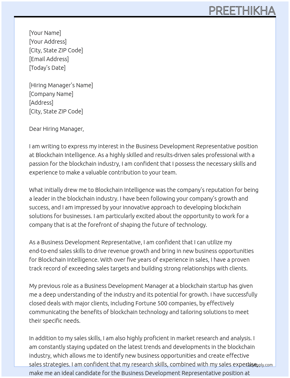 Business Development Representative At Blockchain Intelligence Cover Letter