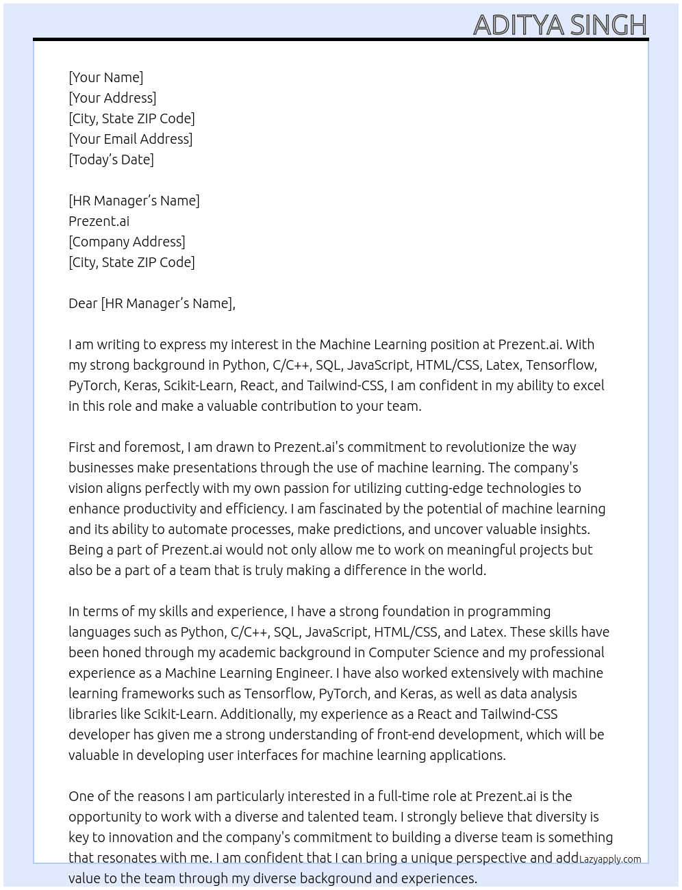 Machine Learning  At Prezent.ai Cover Letter