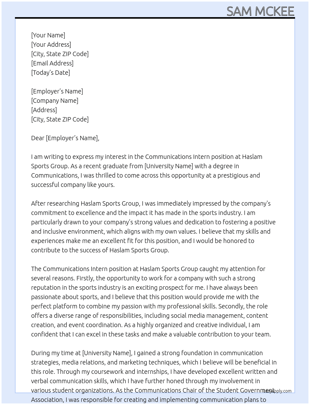 Communications Intern At Haslam Sports Group  Cover Letter