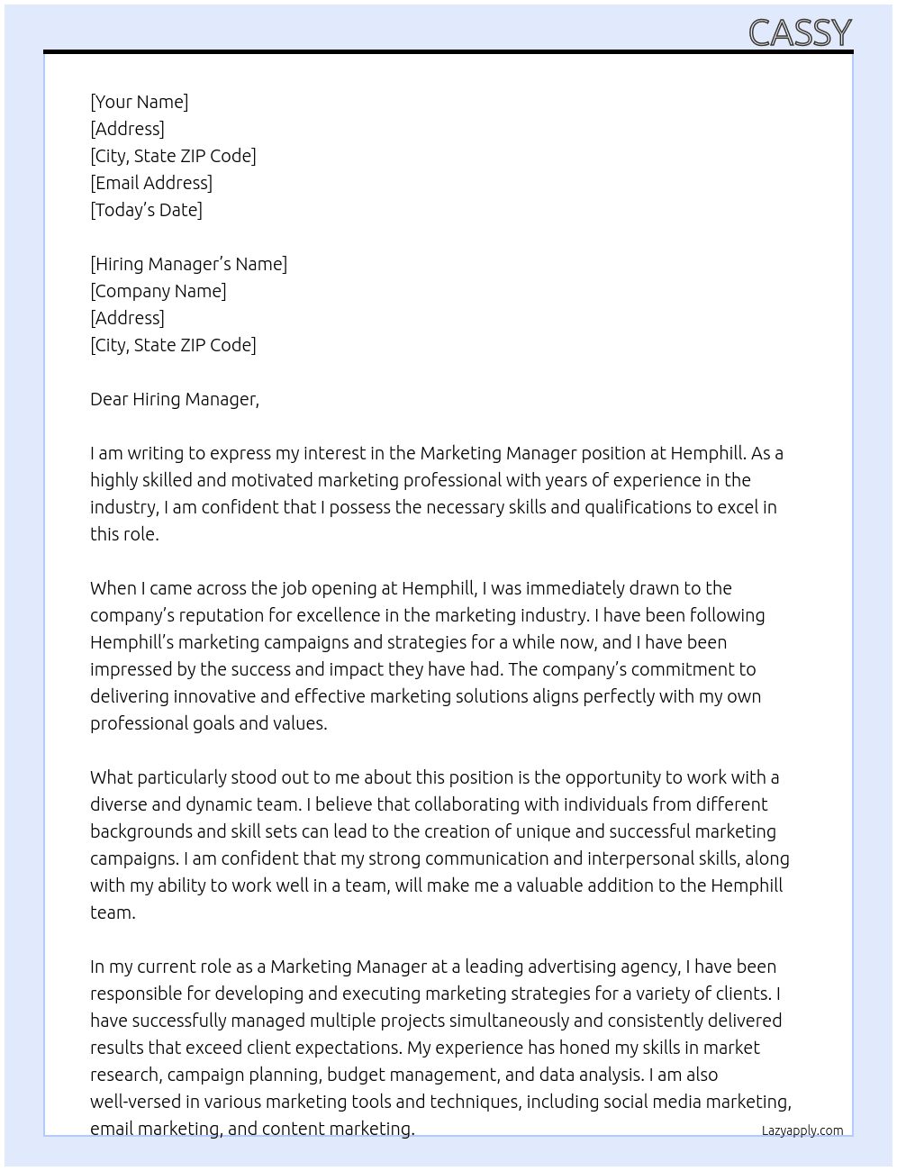 Marketing Manager At Hemphill Cover Letter