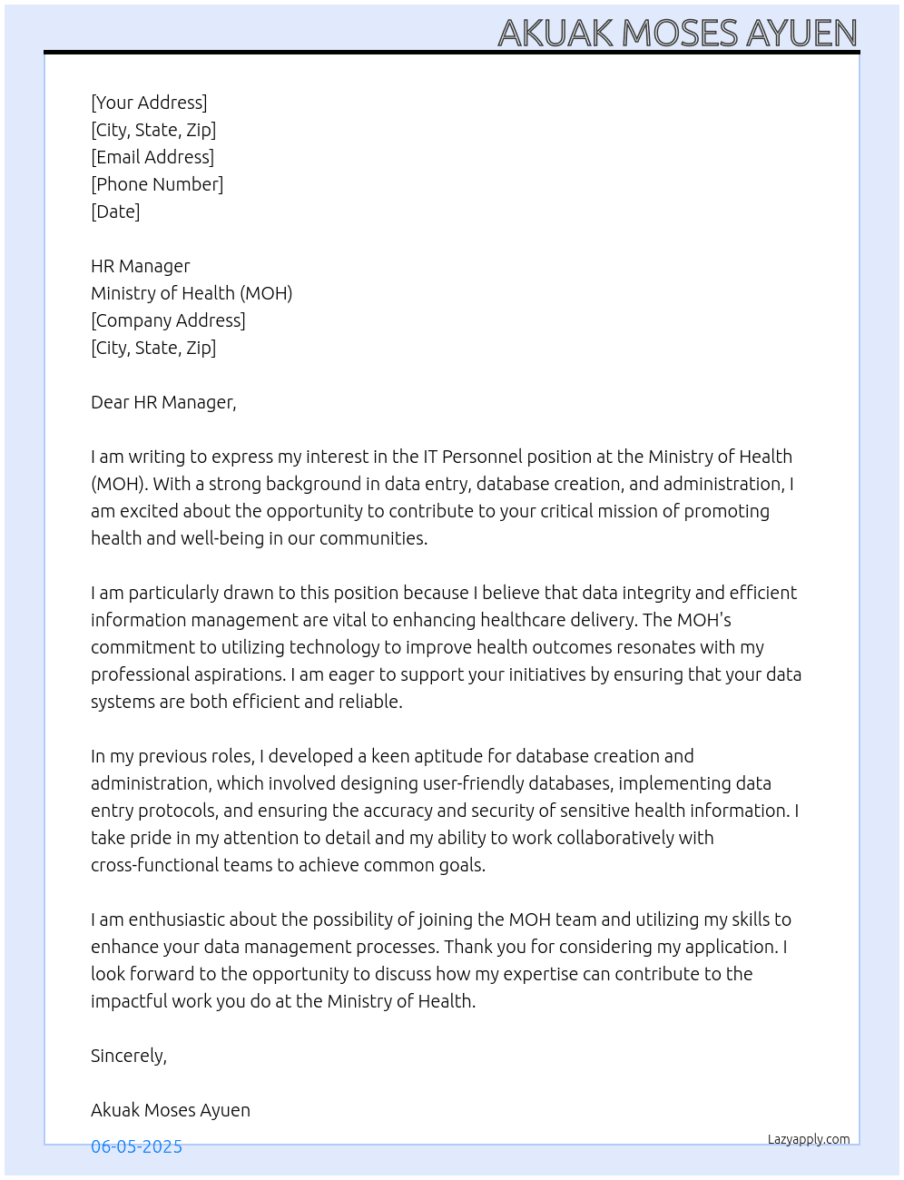 IT personnel At Ministry of Health (MOH) Cover Letter