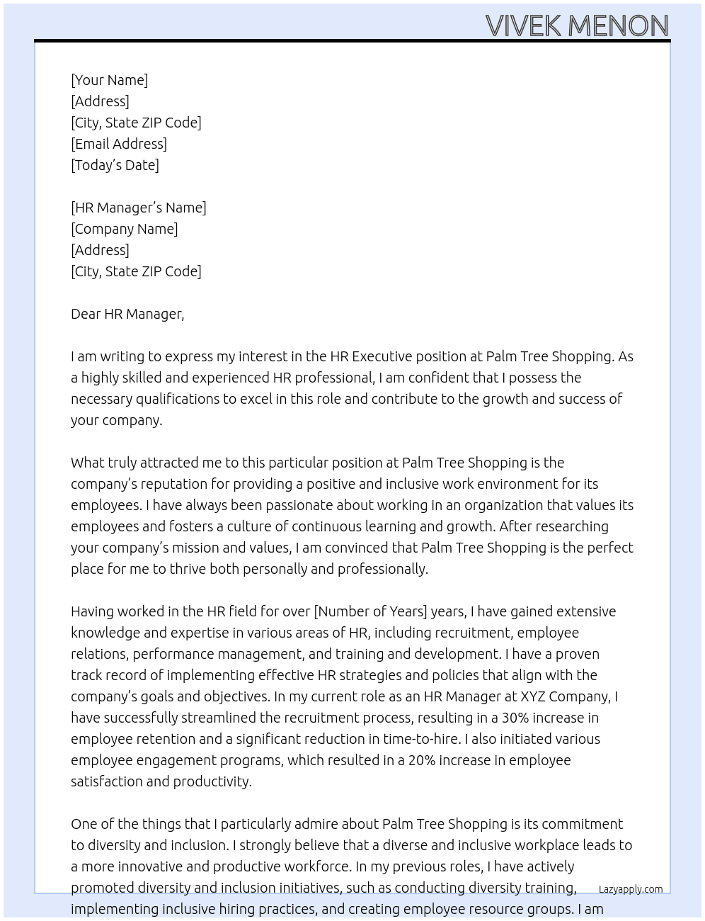 HR executive At Palm Tree Shopping Cover Letter
