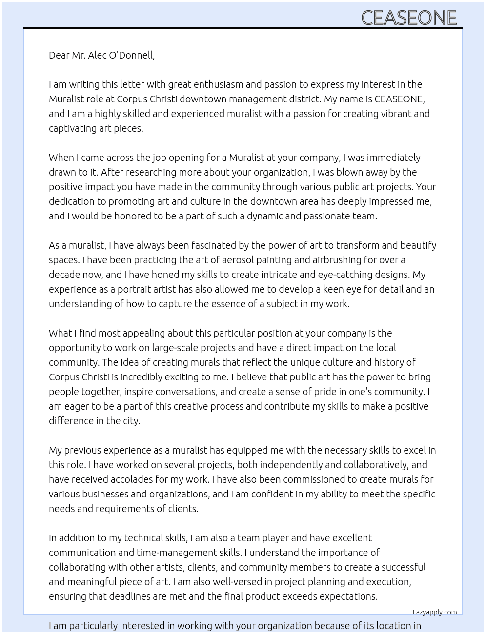 Muralist At Corpus Christi downtown management district Cover Letter