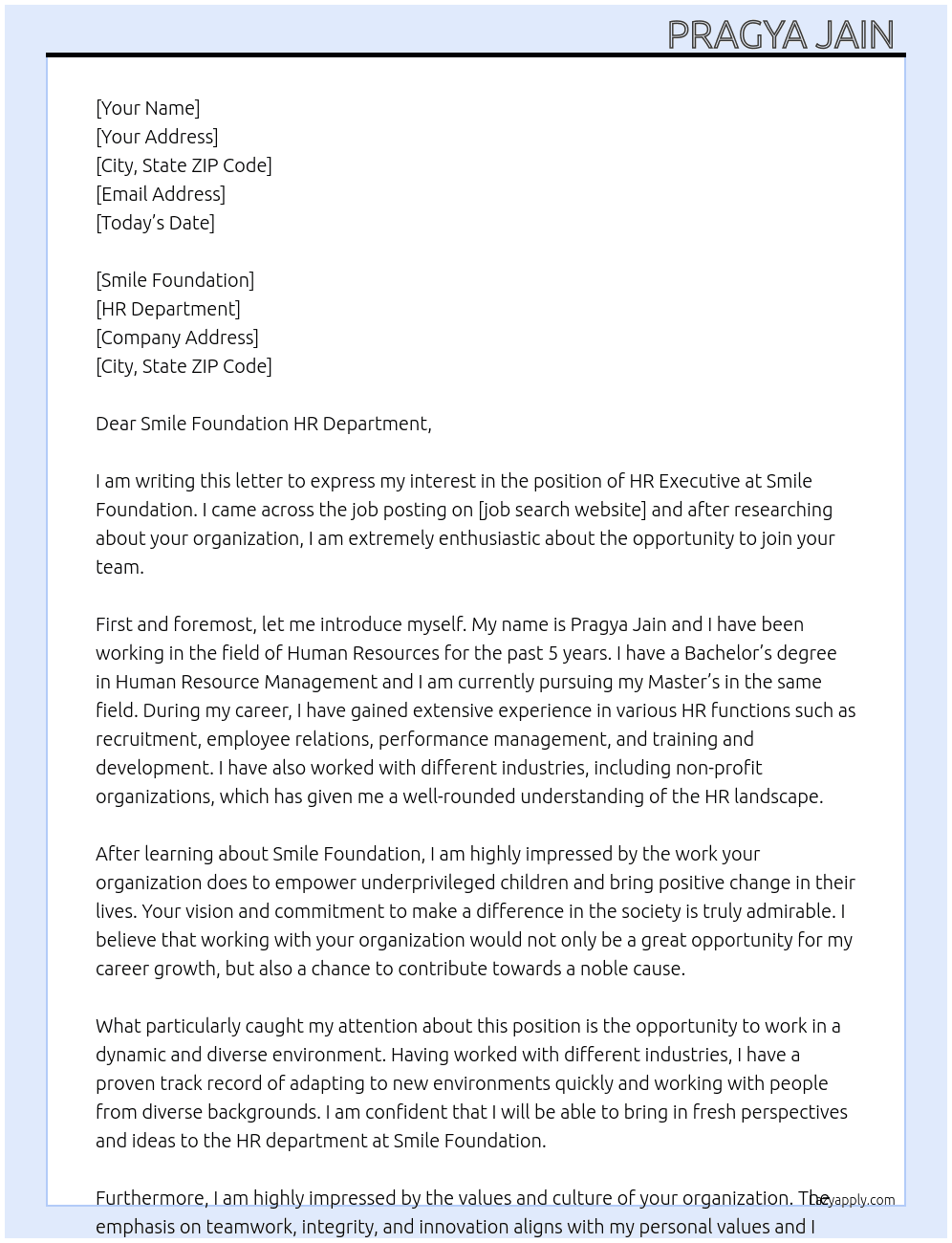 hr executive At smile foundation Cover Letter