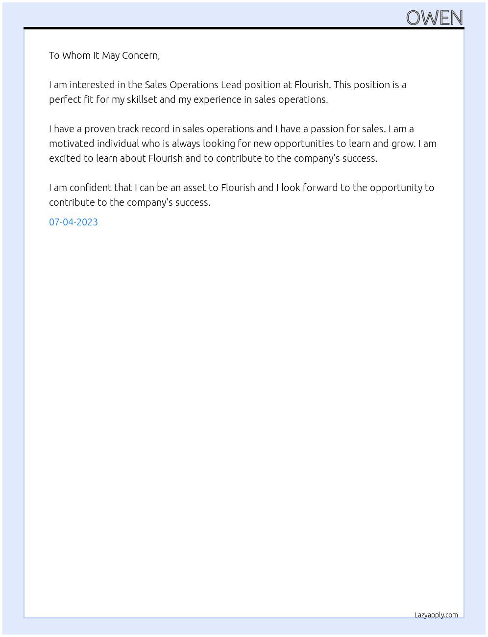 Sales Operations Lead At Flourish Cover Letter