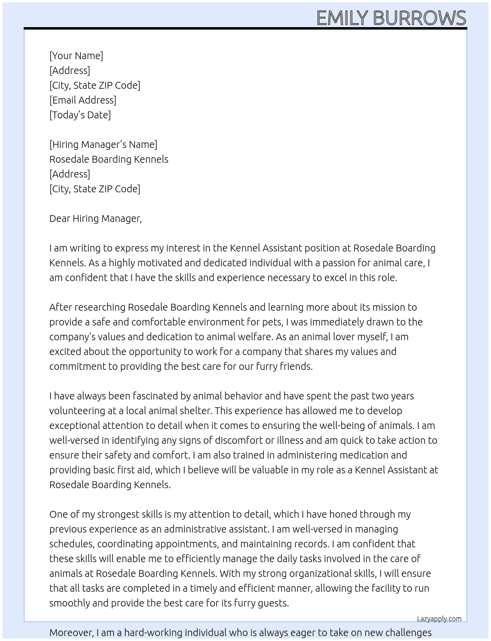 Kennel Assistant At Rosedale Boarding Kennels Cover Letter