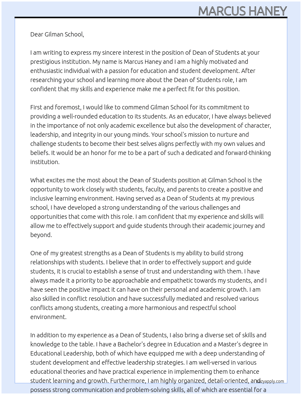 Dean Of Students At Gilman School Cover Letter