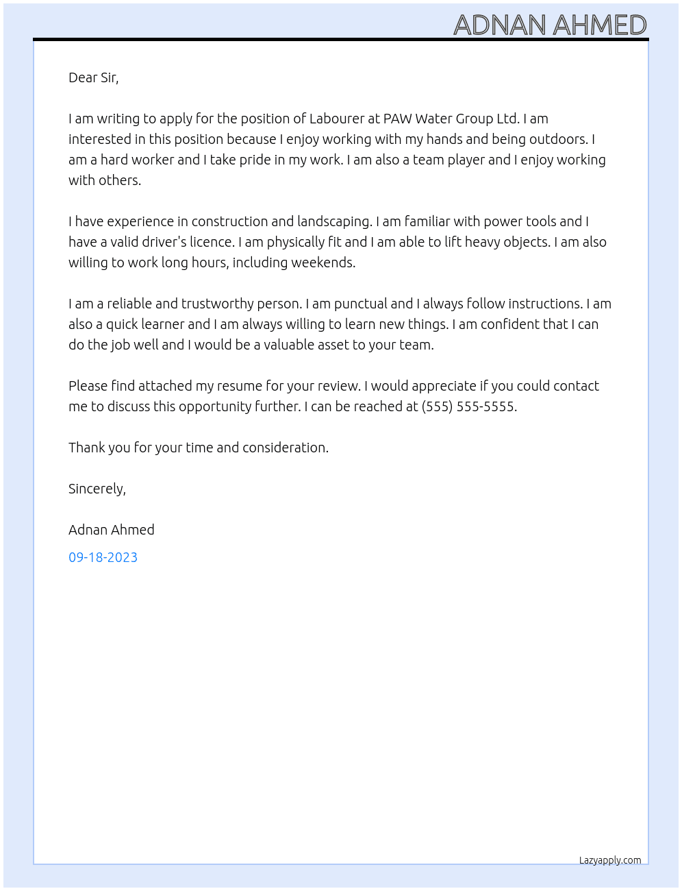Labourer At PAW Water Group Ltd Cover Letter