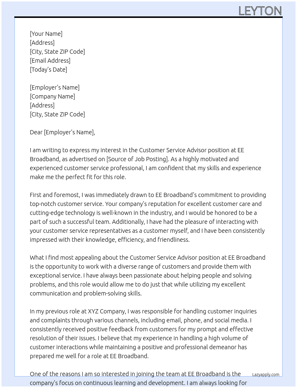 Customer service advisor At EE Broadband Cover Letter