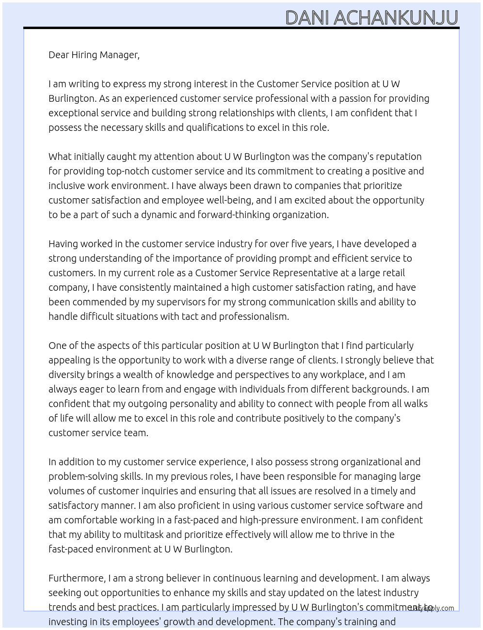Customer Service At U W Burlington Cover Letter