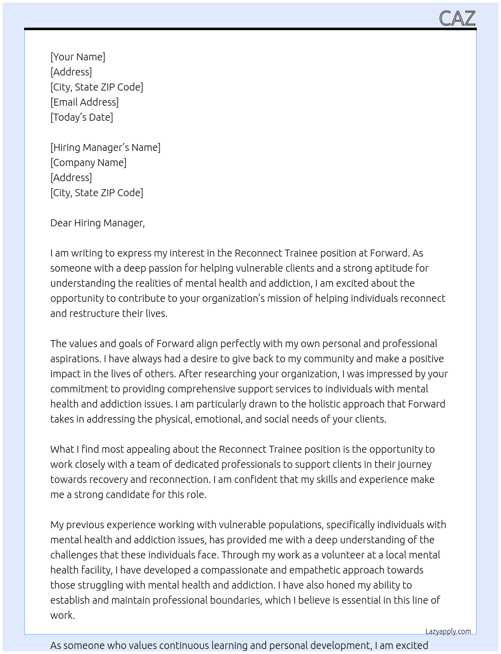 Reconnect trainee At Forward Cover Letter