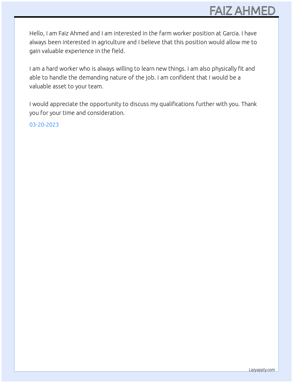 Farm worker At Garcia Cover Letter