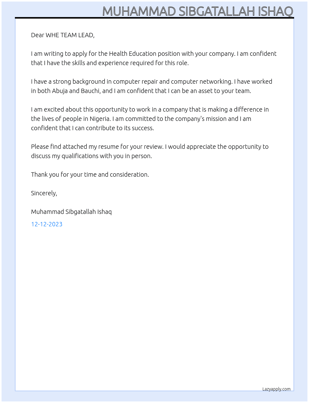 Health Education  At WHE TEAM LEAD Cover Letter
