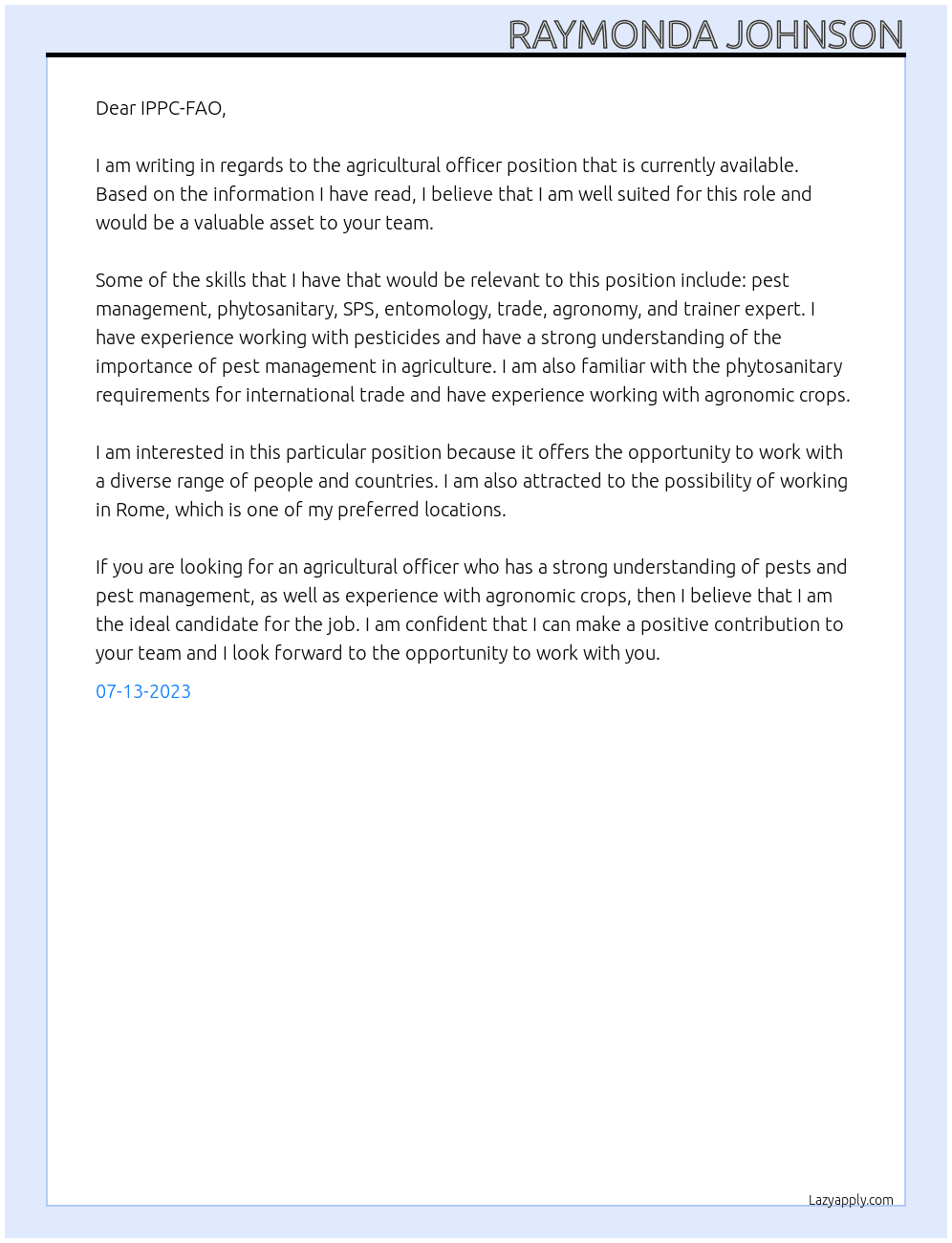agricultural officer At FAO Cover Letter