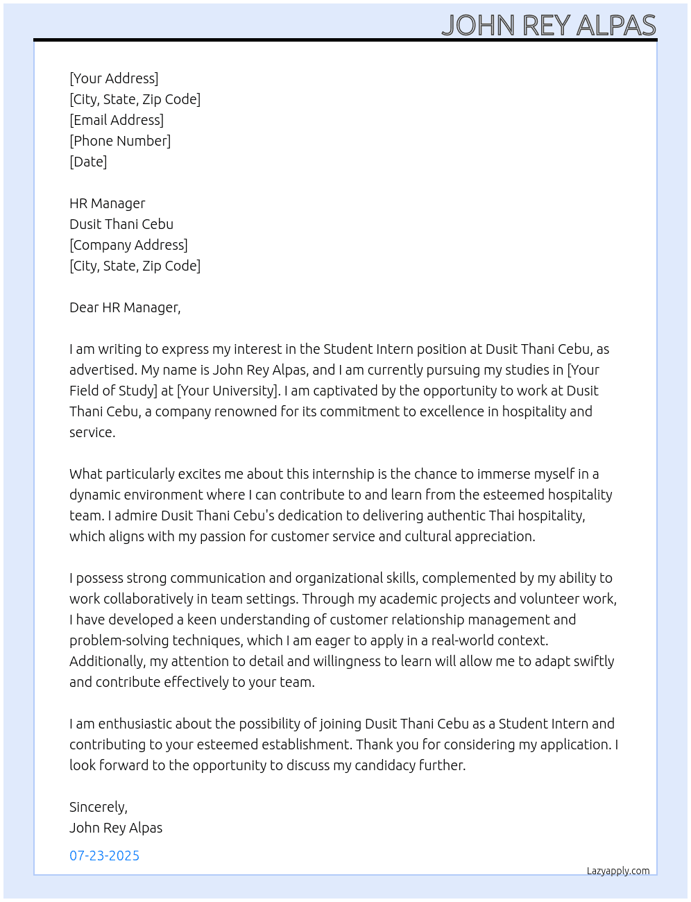 Cover letter for student intern - LazyApply