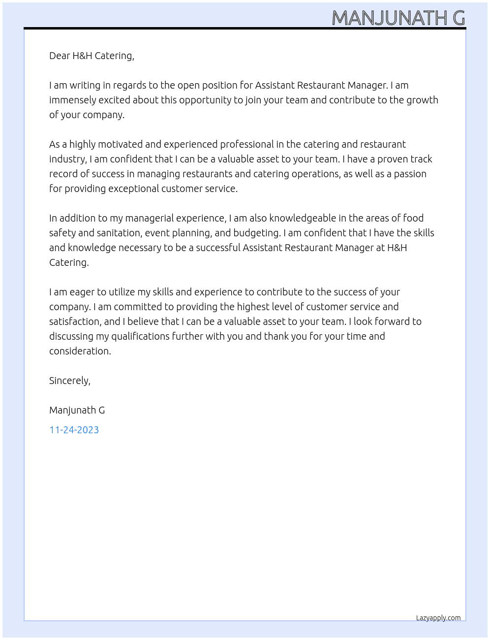 Assistant Restaurant Manager At Gold fish Cover Letter