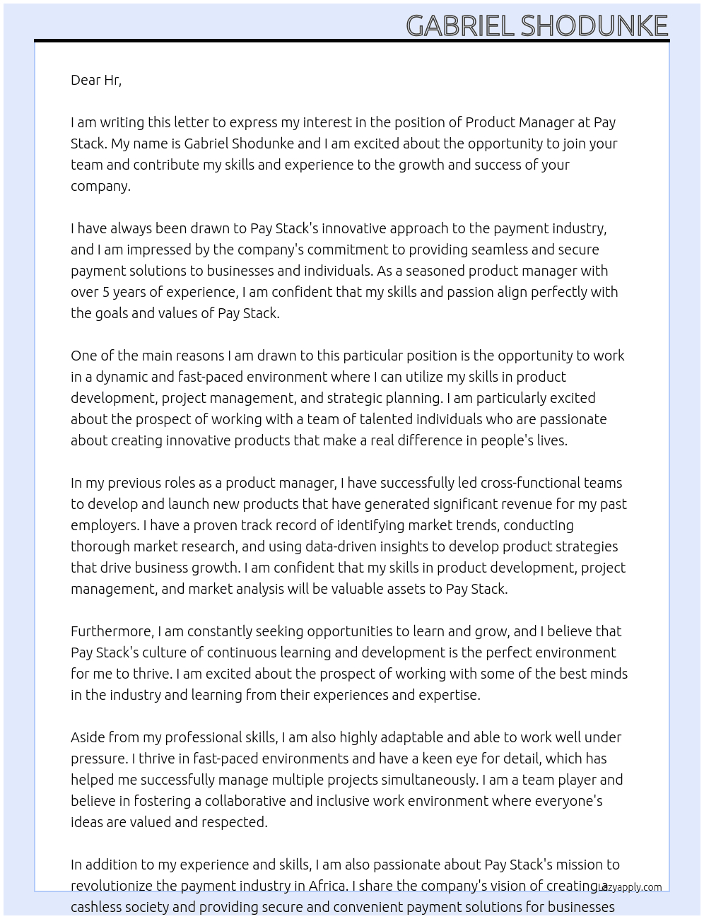 Product Manager At Pay Stack Cover Letter