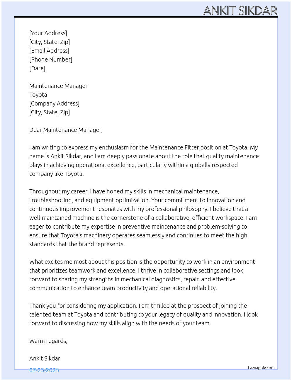 Maintenance fitter  At Toyota  Cover Letter