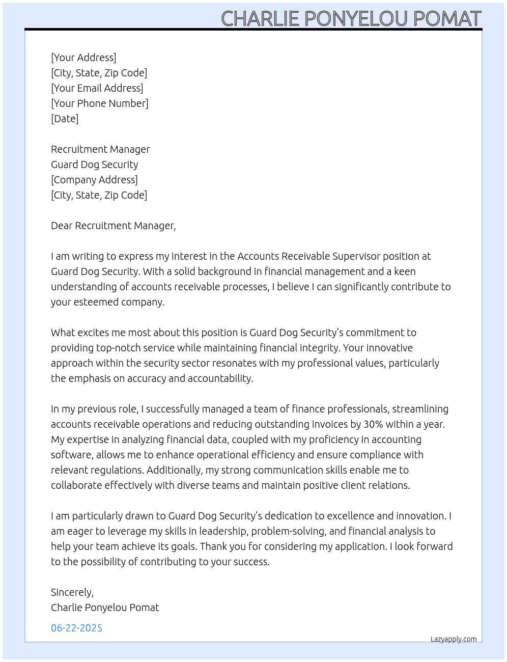 Accounts Receivable Supervisor At Guard Dog Security Cover Letter