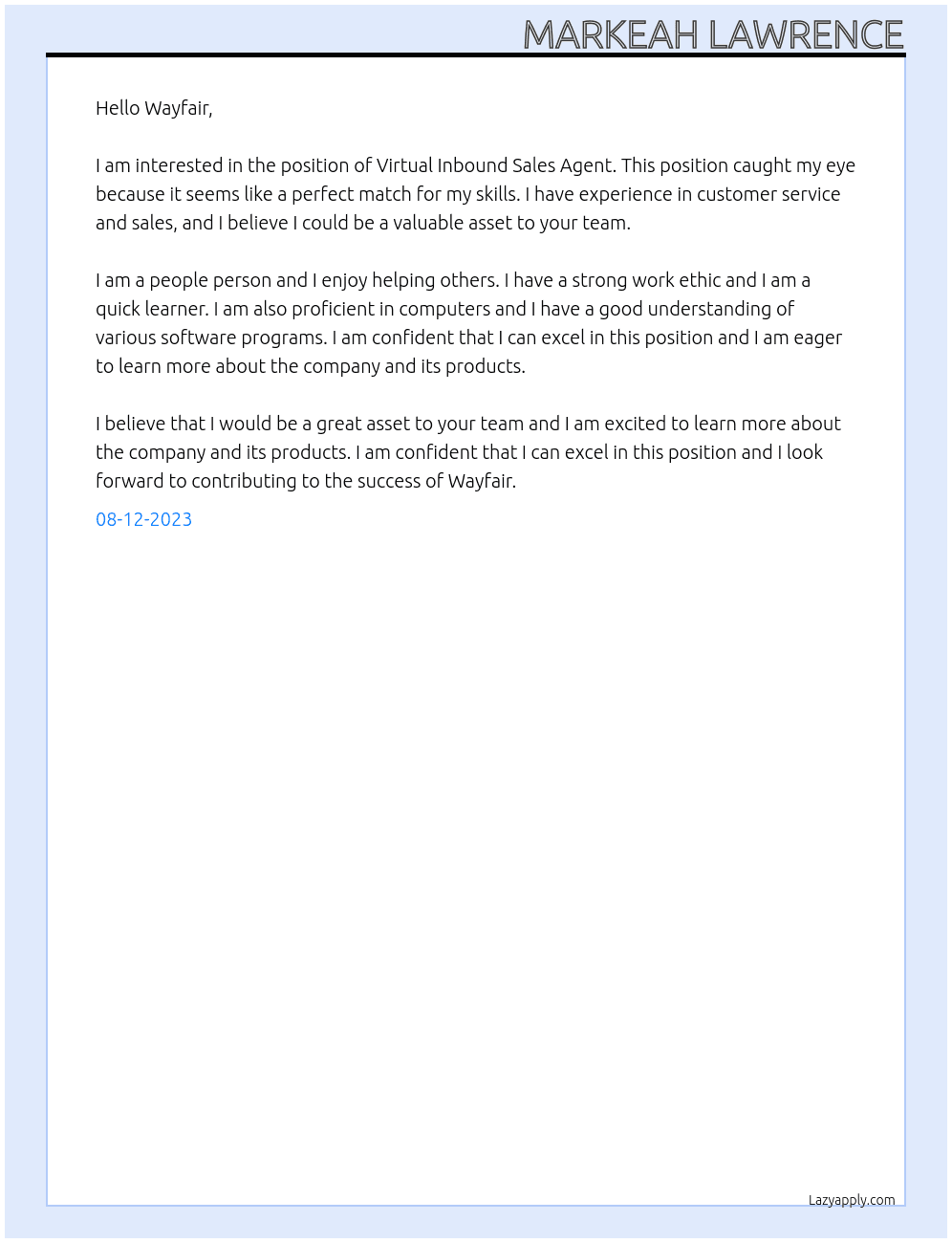 Virtual Inbound Sales Agent At Wayfair Cover Letter