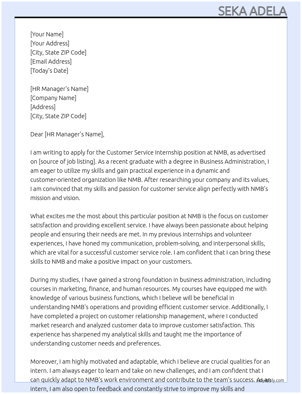 Customer Service  At NMB Cover Letter