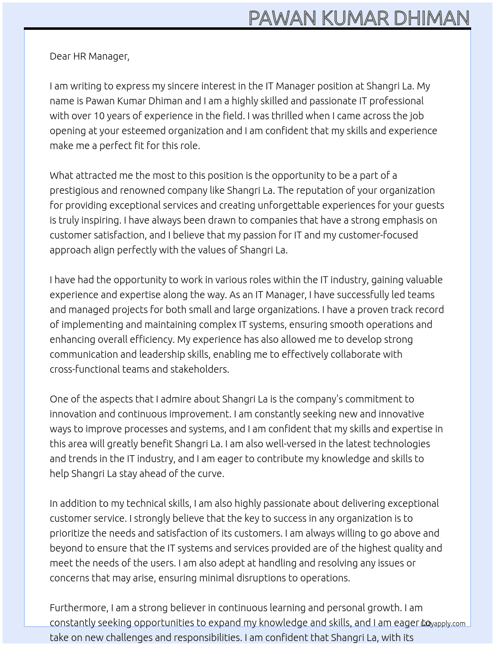 IT Manager At Shangri La Cover Letter