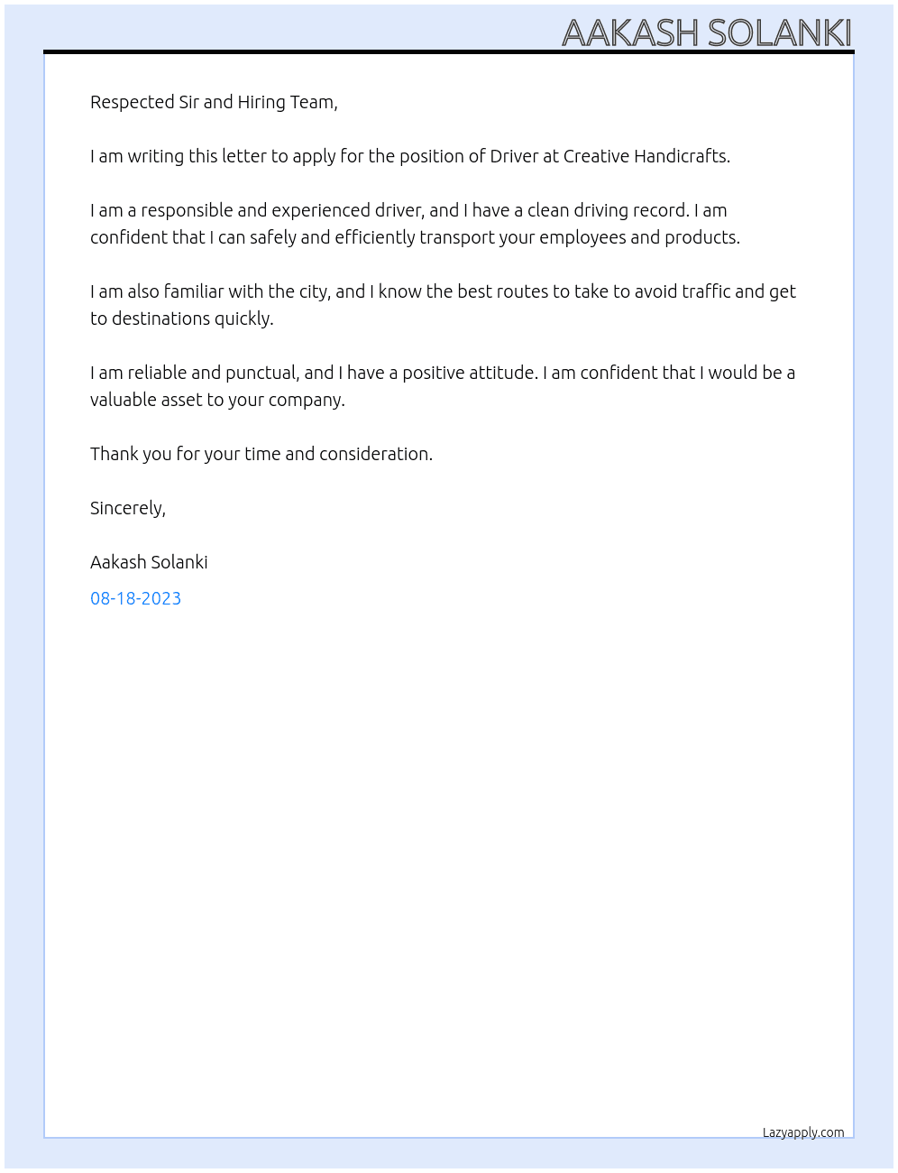 Driver At Creative Handicrafts  Cover Letter