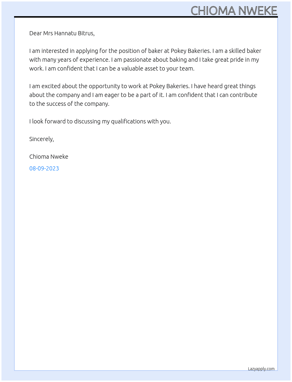 baker At Pokey Bakeries Cover Letter