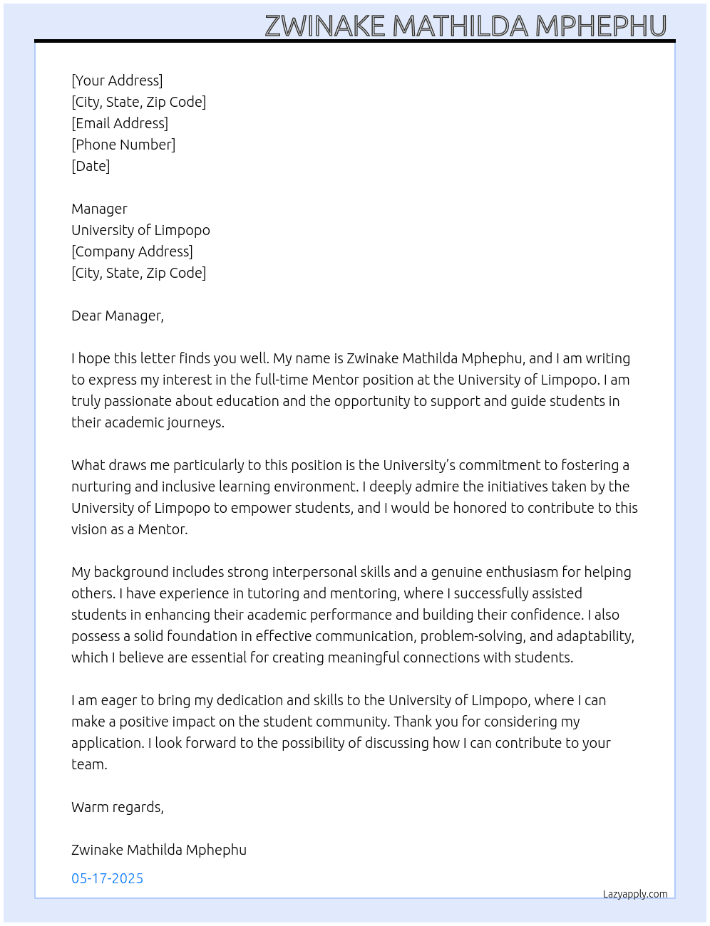 Mentor  At University of limpopo  Cover Letter
