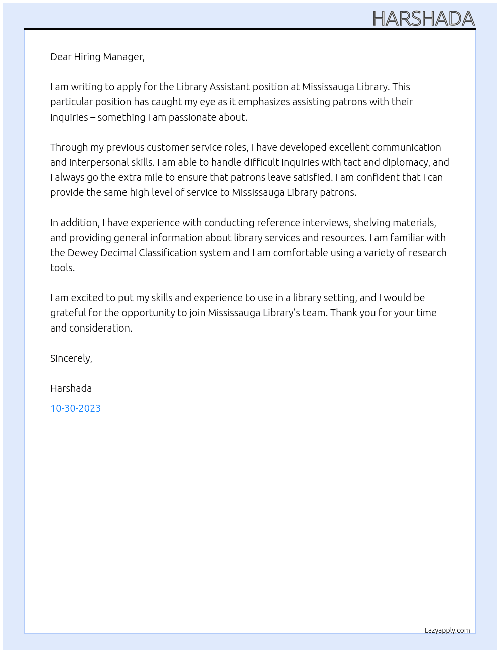 Library Assistant At Mississauga Library Cover Letter